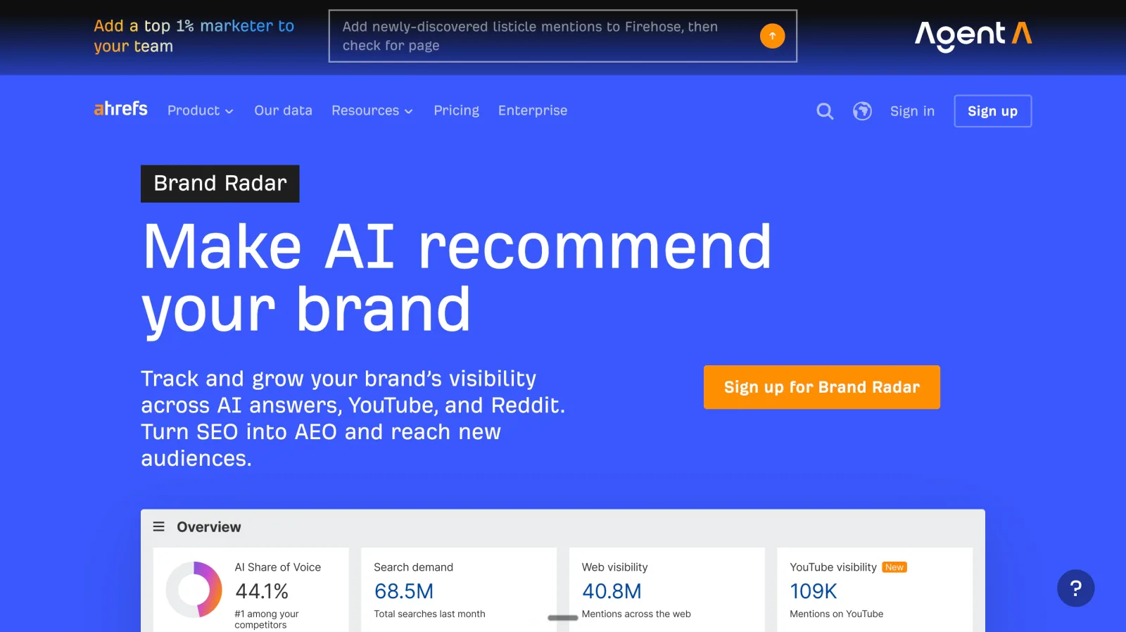 Ahrefs Brand Radar interface for tracking brand visibility in AI search