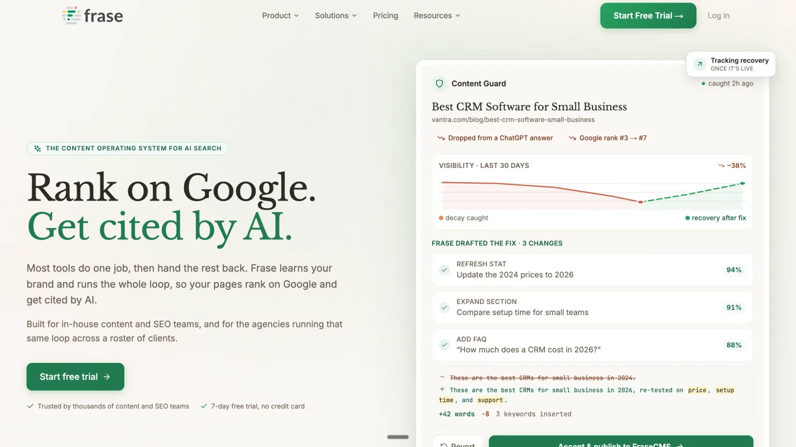 Frase AI content optimization platform with AI search readiness features