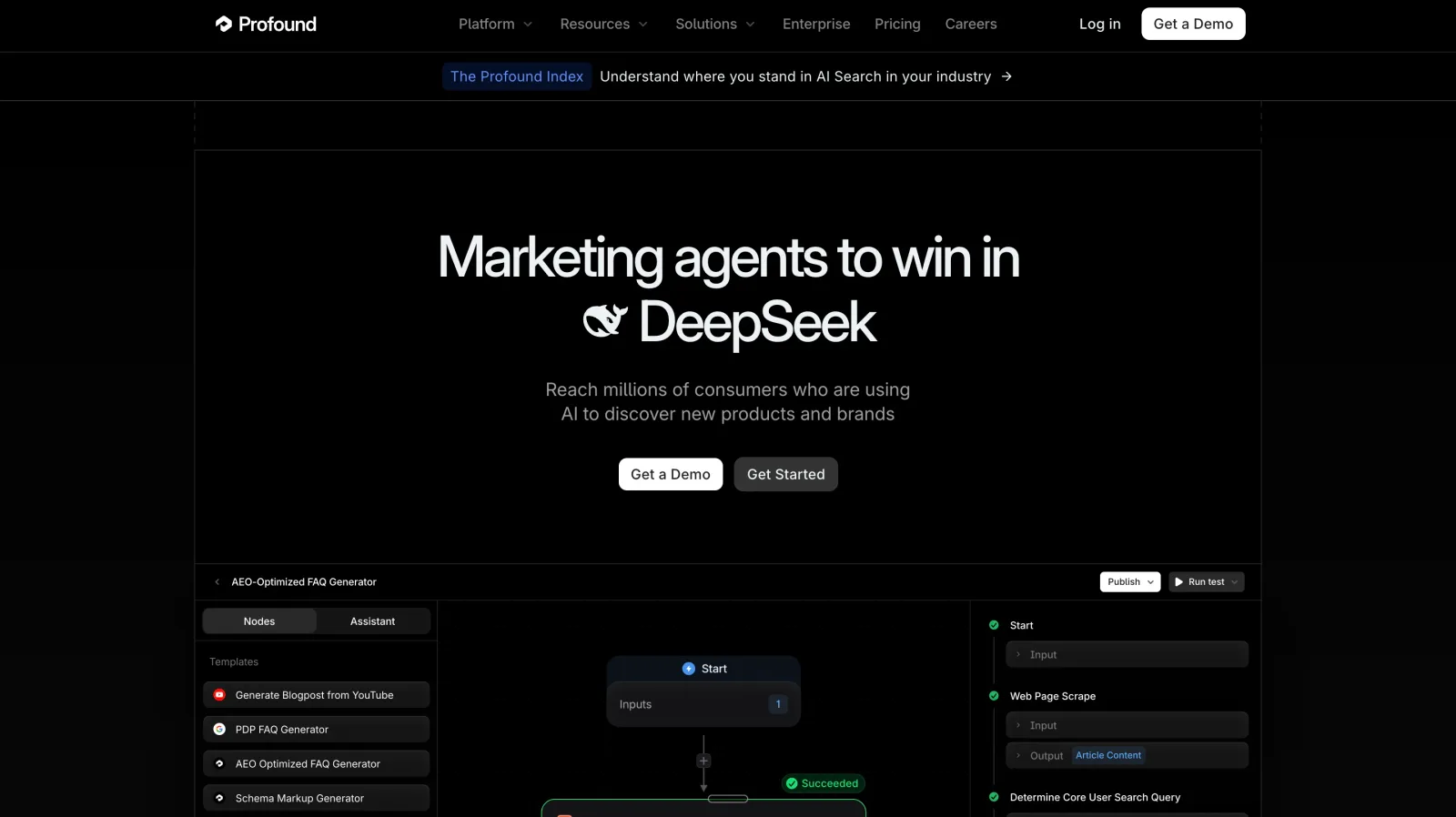 Profound AI visibility platform dashboard showing marketing agents and prompt-level monitoring