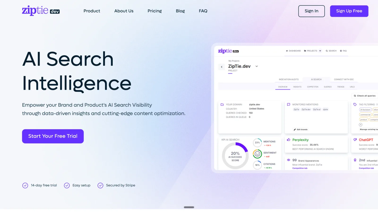 ZipTie dashboard for AI visibility tracking and optimization recommendations