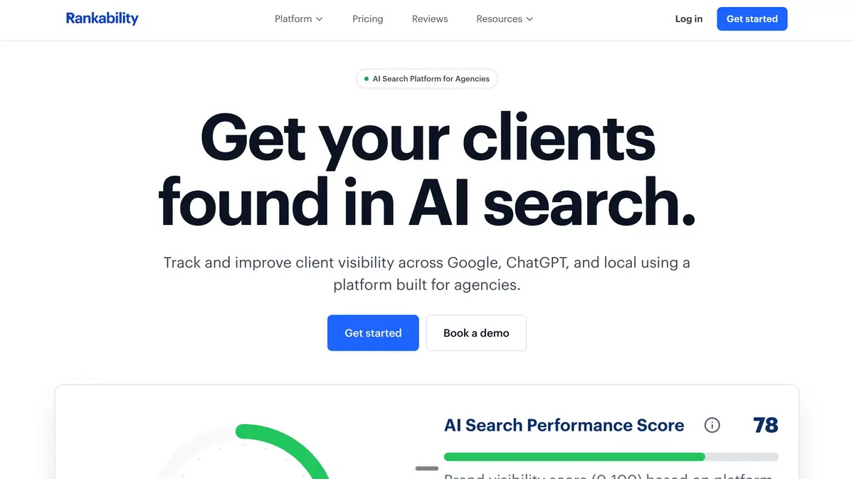 Rankability AI search performance score and on-page content optimization dashboard